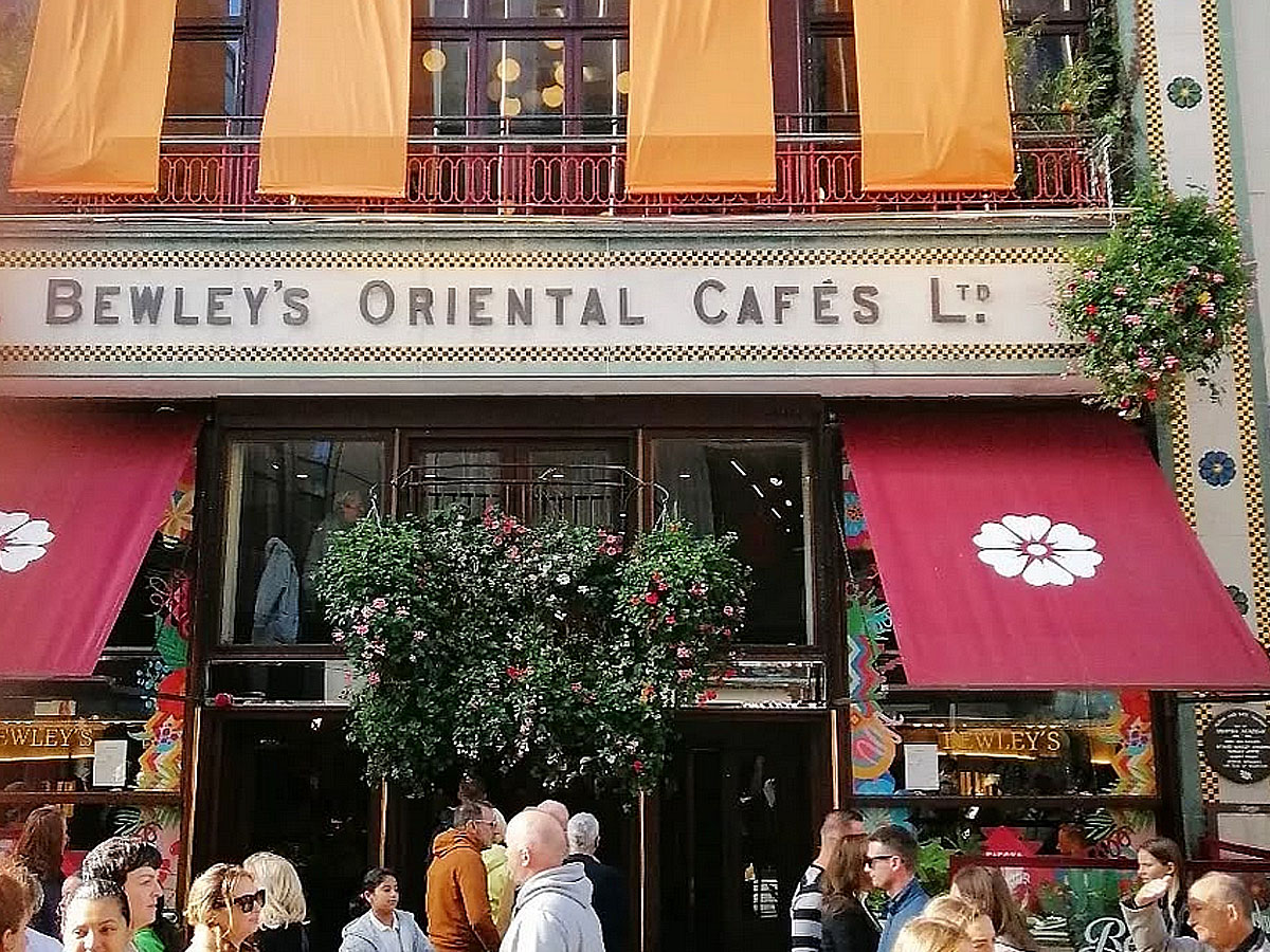 The iconic mosaic facade of Bewley's Cafe on Grafton Street, a Dublin Walkabout Tours favorite stop off for coffee and a view of Harry Clarke's famous stain glass windows.