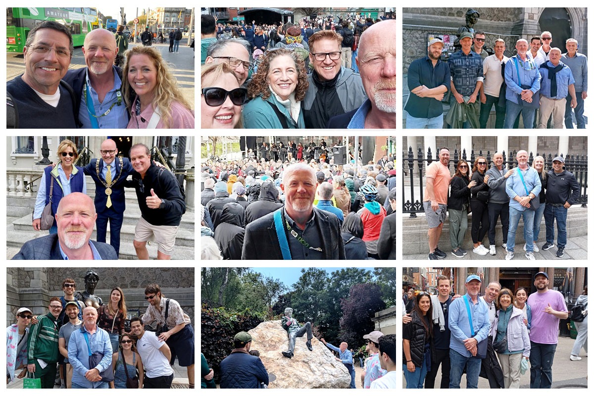 Dublin local guide David pictured with his guests on his private walking tours of Dublin city with Dublin Walkabout Tours