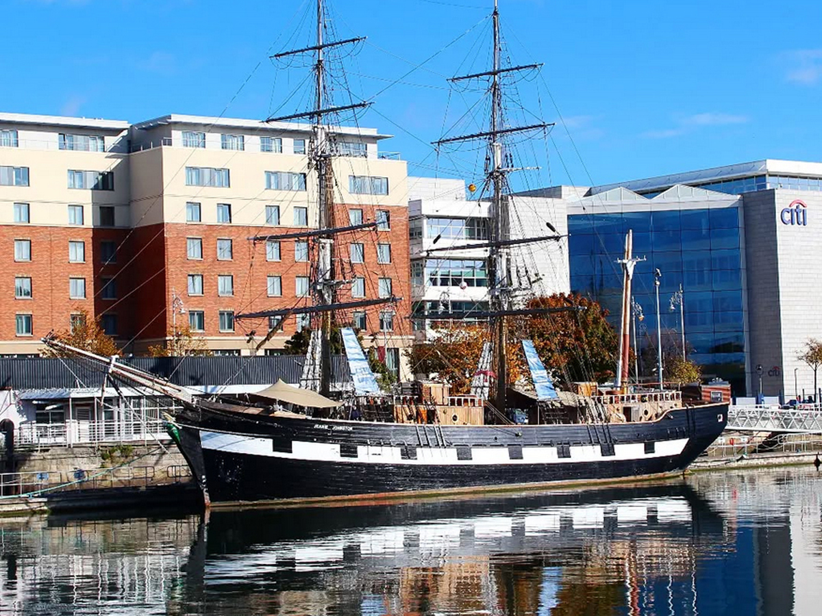 A view of the spectacular Jeanie Johnston Famine Ship on the River Liffey before a visit with Dublin Walkabout Tours.