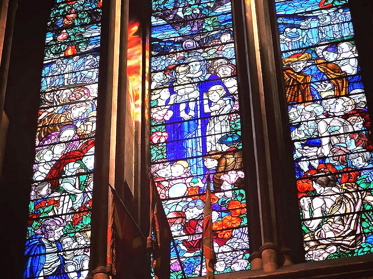 Viewing the stunning stained glass windows of St. Patrick's Cathedral on a guided private walking tour with David of Dublin walkabout tours