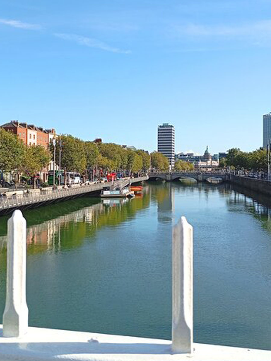 A view towards O Connell Bridge from the Ha'penny bridge over Dublin's Rive Liffey taken by local guide David on a private walking tour.