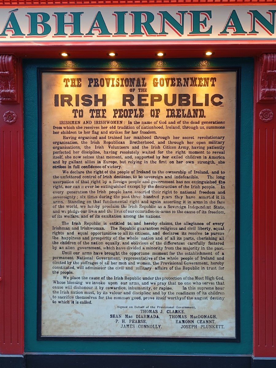 Copy of Irish Proclamation on Dame Lane Tavern on private tour with local guide David of Dublin Walkabout Tours