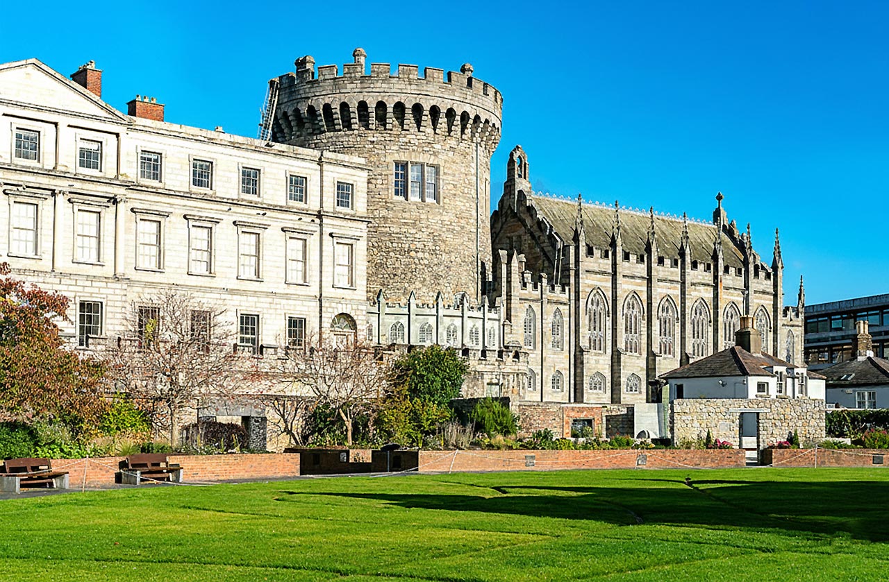 View of Dublin Castle from the Dubh Linn Gardens with local Dublin guide David